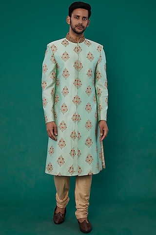 Pastel Green Embroidered Sherwani Set by Nero by Shaifali & Satya