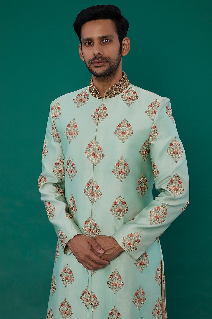 Pastel Green Embroidered Wedding Sherwani Set by Nero by Shaifali & Satya at Pernia's Pop Up Shop