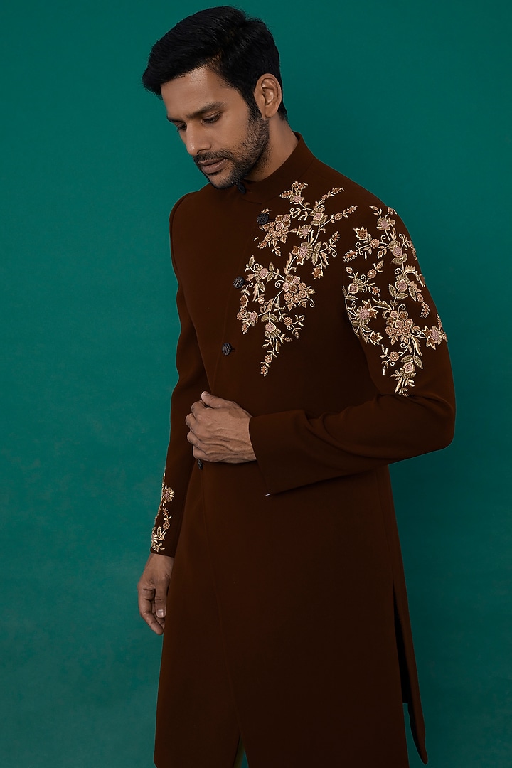 Brown Boomario Wedding Indowestern Set by Nero by Shaifali & Satya at Pernia's Pop Up Shop