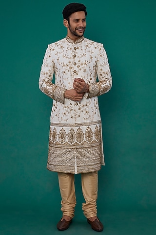 White Pure Silk Sherwani Set by Nero by Shaifali & Satya