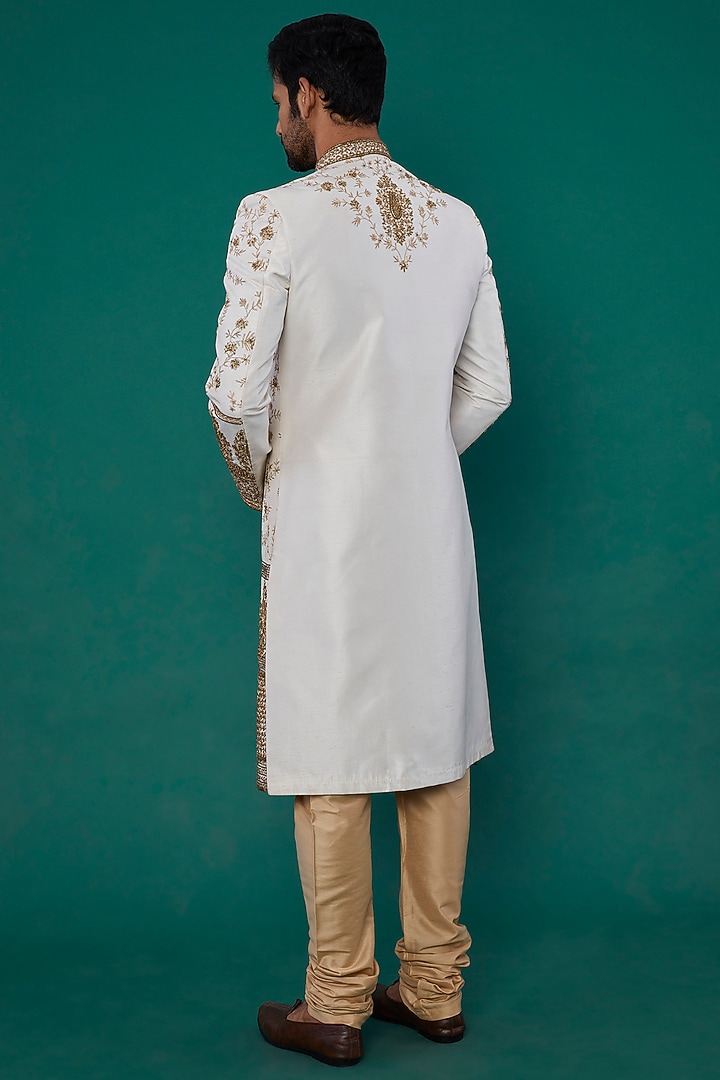 White Pure Silk Wedding Sherwani Set by Nero by Shaifali & Satya at Pernia's Pop Up Shop