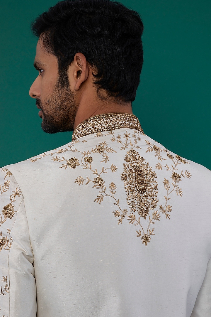 White Pure Silk Wedding Sherwani Set by Nero by Shaifali & Satya at Pernia's Pop Up Shop