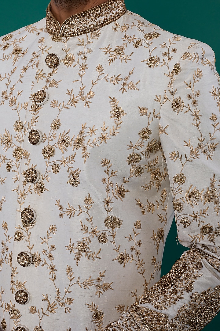 White Pure Silk Wedding Sherwani Set by Nero by Shaifali & Satya at Pernia's Pop Up Shop