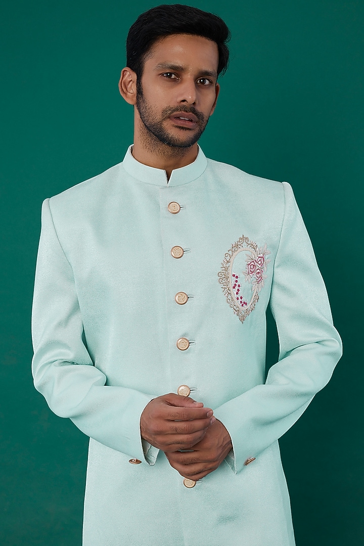 Sky Blue Embroidered Wedding Sherwani Set by Nero by Shaifali & Satya at Pernia's Pop Up Shop