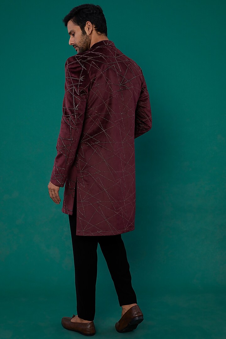 Wine Suede Wedding Indowestern Set by Nero by Shaifali & Satya at Pernia's Pop Up Shop