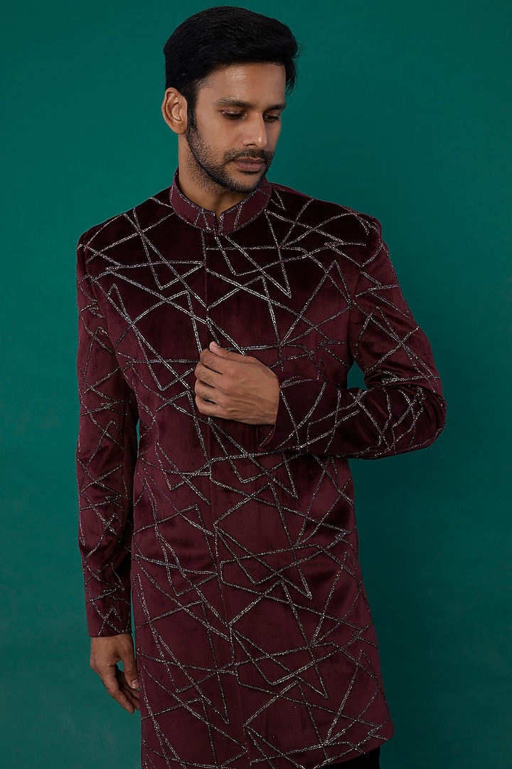 Wine Suede Wedding Indowestern Set by Nero by Shaifali & Satya at Pernia's Pop Up Shop