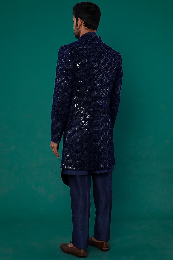 Royal Blue Suede Wedding Indowestern Set by Nero by Shaifali & Satya at Pernia's Pop Up Shop