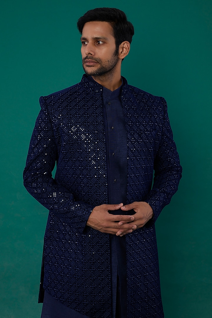 Royal Blue Suede Wedding Indowestern Set by Nero by Shaifali & Satya at Pernia's Pop Up Shop