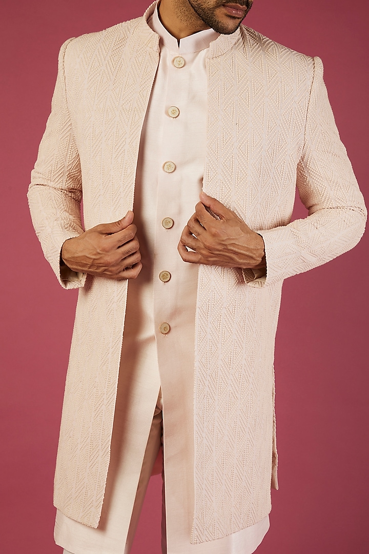 Baby Pink Jacquard Wedding Indowestern Set by Nero by Shaifali & Satya at Pernia's Pop Up Shop
