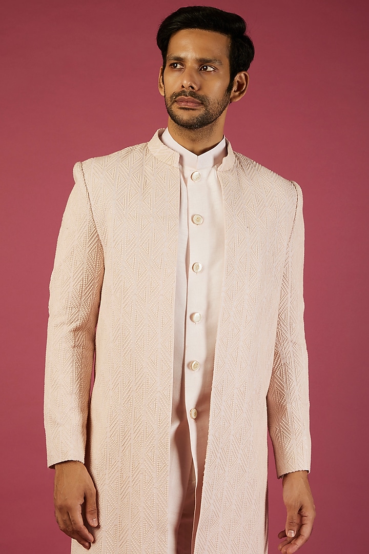 Baby Pink Jacquard Wedding Indowestern Set by Nero by Shaifali & Satya at Pernia's Pop Up Shop