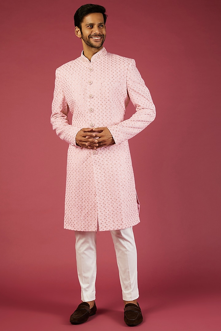 Peachish Pink Lucknowi Georgette Sherwani Set by Nero by Shaifali & Satya