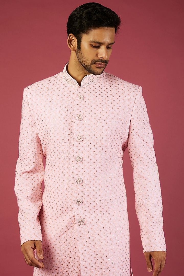 Peachish Pink Lucknowi Georgette Wedding Sherwani Set by Nero by Shaifali & Satya at Pernia's Pop Up Shop