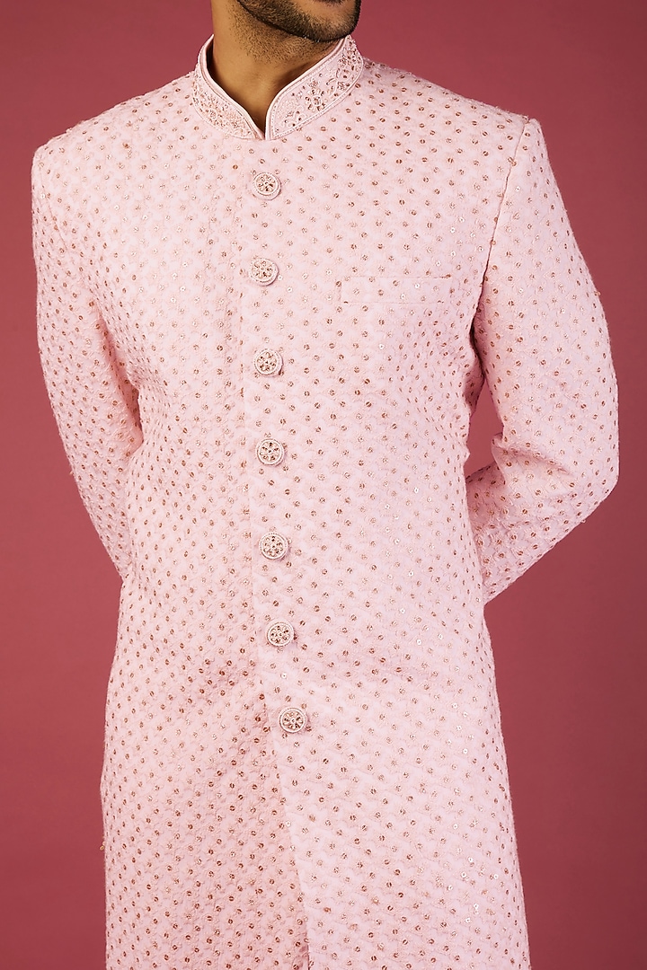 Peachish Pink Lucknowi Georgette Wedding Sherwani Set by Nero by Shaifali & Satya at Pernia's Pop Up Shop