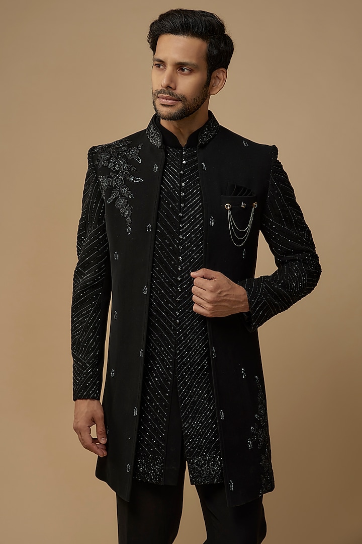 Black Boomario Embroidered Indo-Western Set by Nero by Shaifali & Satya at Pernia's Pop Up Shop