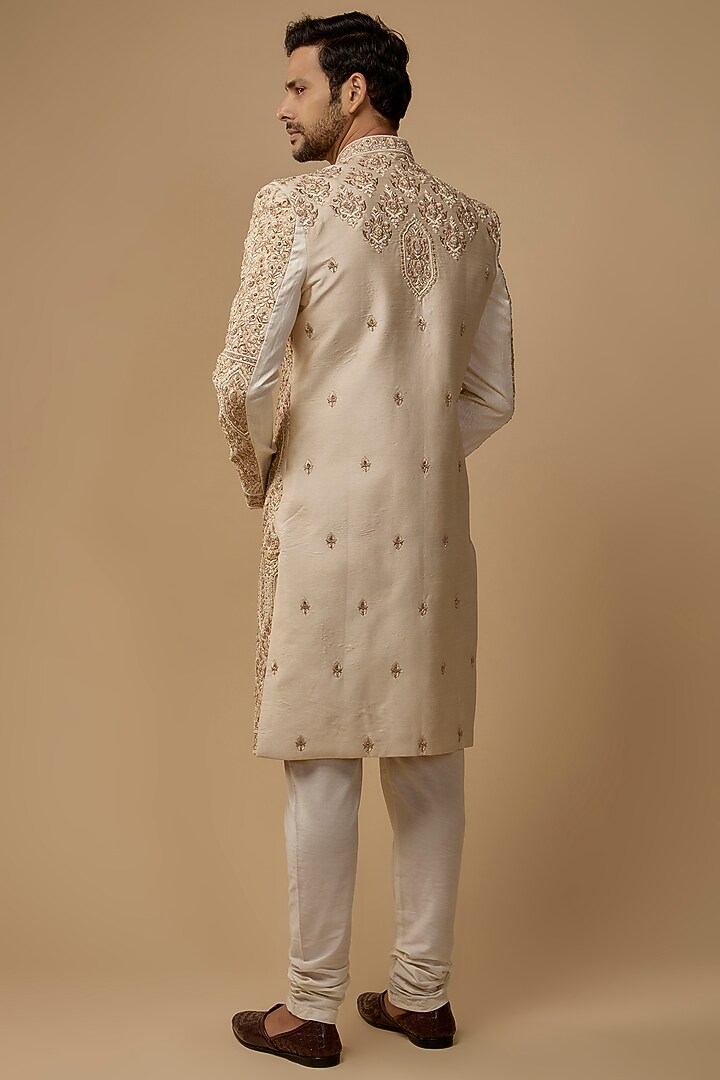 Beige Silk Zardosi Embellished Groom Sherwani Set by Nero by Shaifali & Satya at Pernia's Pop Up Shop