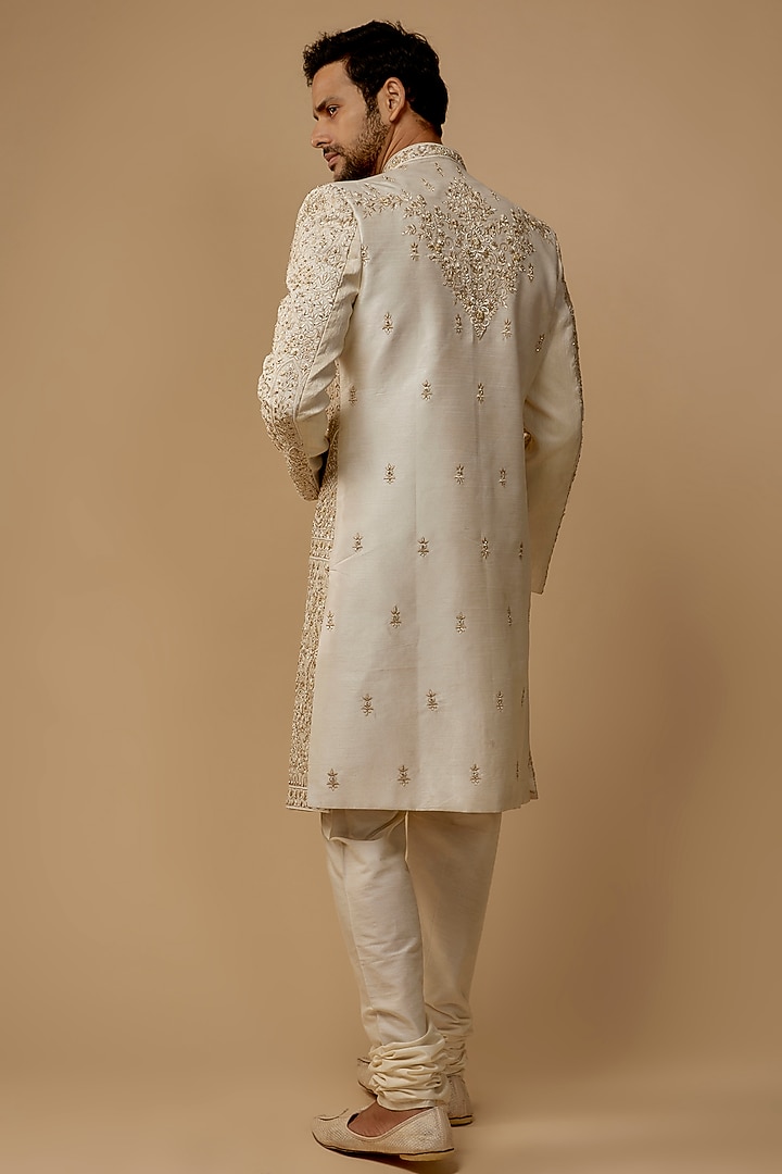 Ivory Silk Zardosi Embellished Groom Sherwani Set by Nero by Shaifali & Satya at Pernia's Pop Up Shop