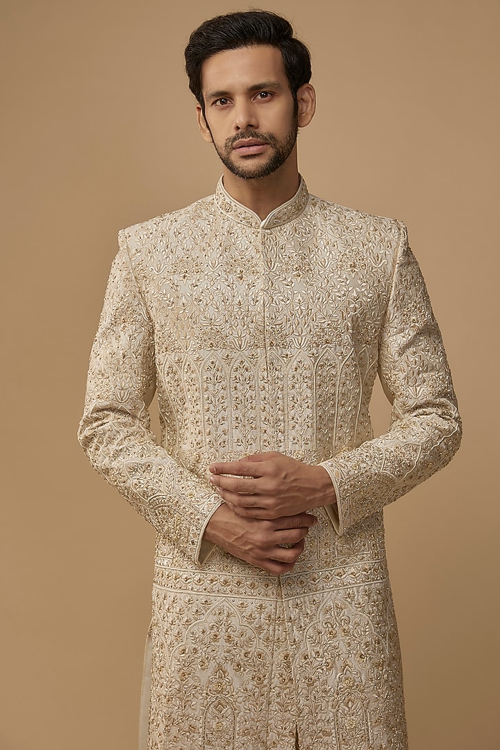 Ivory Silk Zardosi Embellished Groom Sherwani Set by Nero by Shaifali & Satya at Pernia's Pop Up Shop