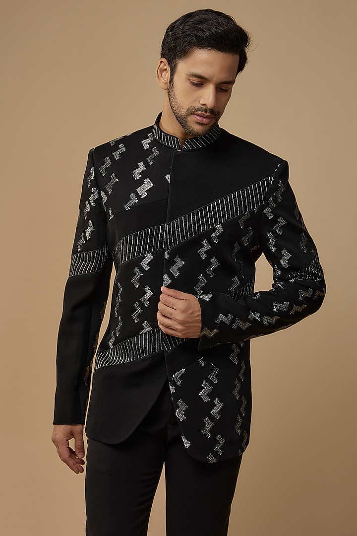 Black Boomario Embroidered Wedding Bandhgala Set by Nero by Shaifali & Satya at Pernia's Pop Up Shop