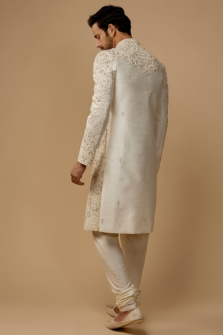 Ivory Silk Zardosi Embellished Groom Sherwani Set by Nero by Shaifali & Satya at Pernia's Pop Up Shop
