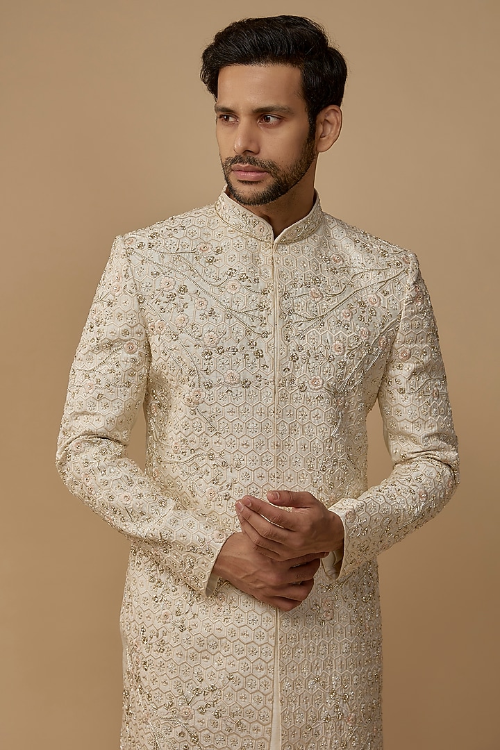 Ivory Silk Zardosi Embellished Groom Sherwani Set by Nero by Shaifali & Satya at Pernia's Pop Up Shop