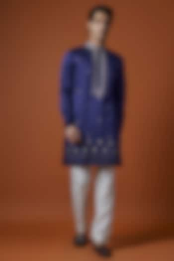 Blue Silk Thread Hand Embroidered Kurta Set by Nero by Shaifali & Satya