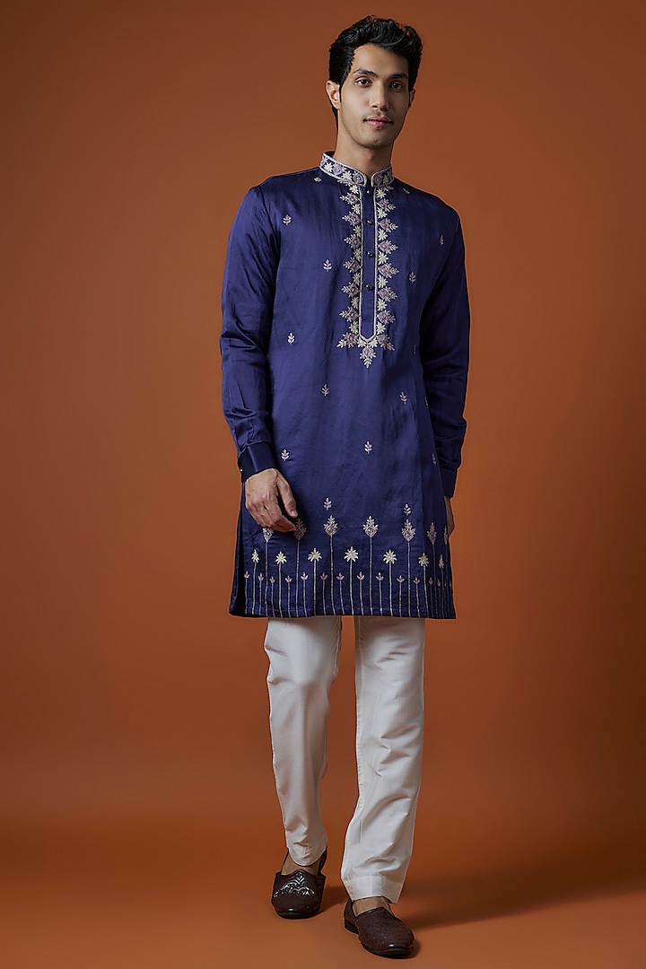 Blue Silk Thread Hand Embroidered Kurta Set by Nero by Shaifali & Satya