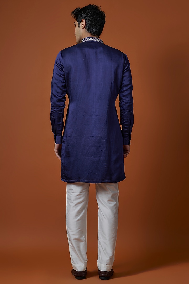 Blue Silk Thread Hand Embroidered Kurta Set by Nero by Shaifali & Satya at Pernia's Pop Up Shop