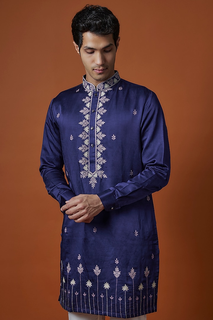 Blue Silk Thread Hand Embroidered Kurta Set by Nero by Shaifali & Satya at Pernia's Pop Up Shop