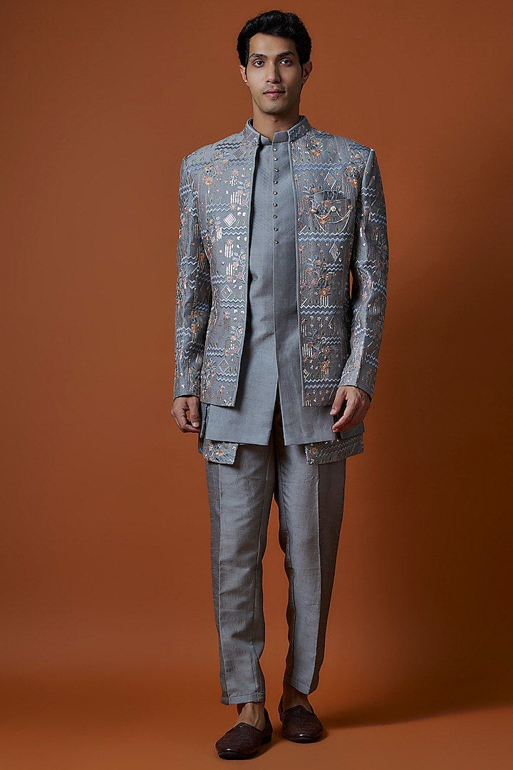 Grey Silk Threadwork Open Indowestern Set by Nero by Shaifali & Satya