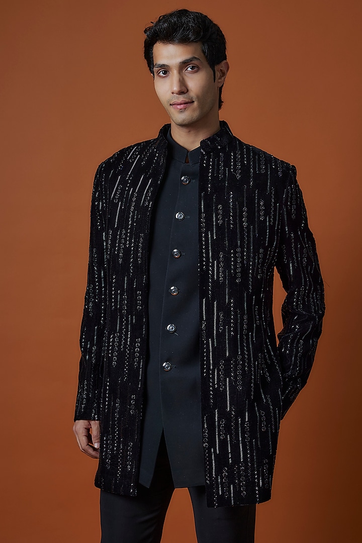 Black Velvet Threadwork Open Wedding Indowestern Set by Nero by Shaifali & Satya at Pernia's Pop Up Shop