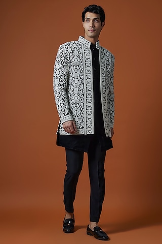 Black Velvet Lucknowi Threadwork Open Indowestern Set by Nero by Shaifali & Satya