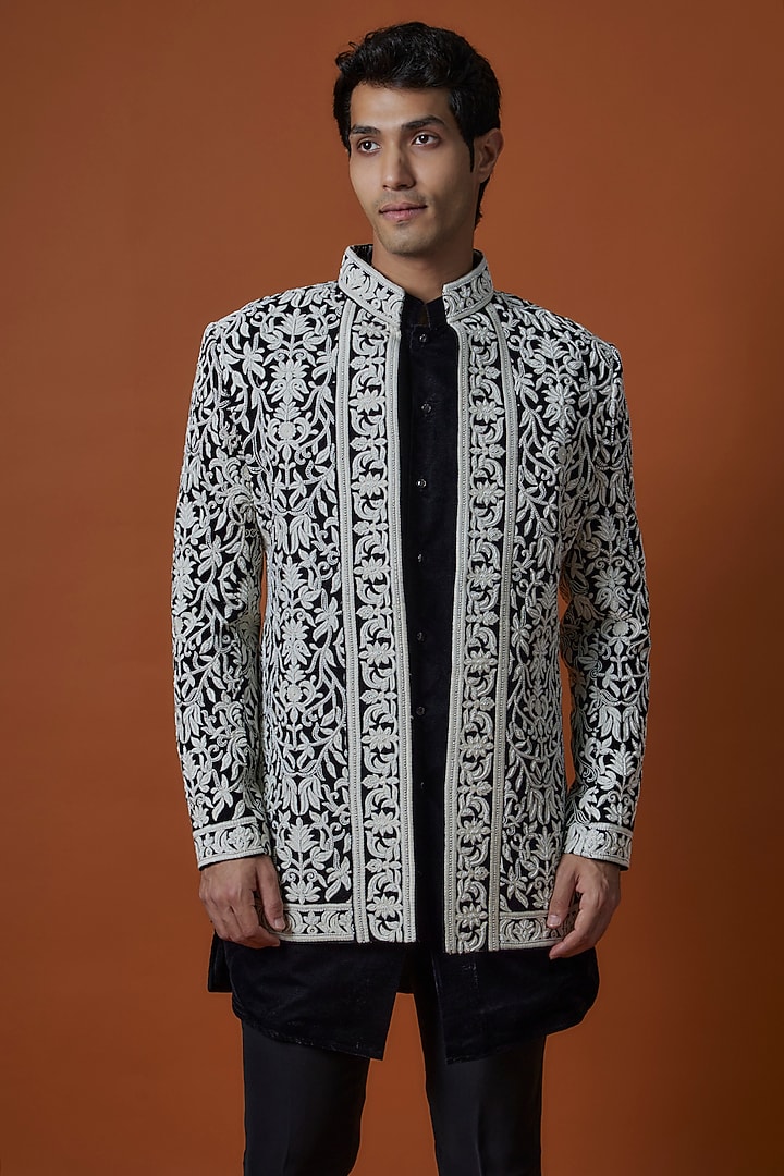 Black Velvet Lucknowi Threadwork Open Wedding Indowestern Set by Nero by Shaifali & Satya at Pernia's Pop Up Shop