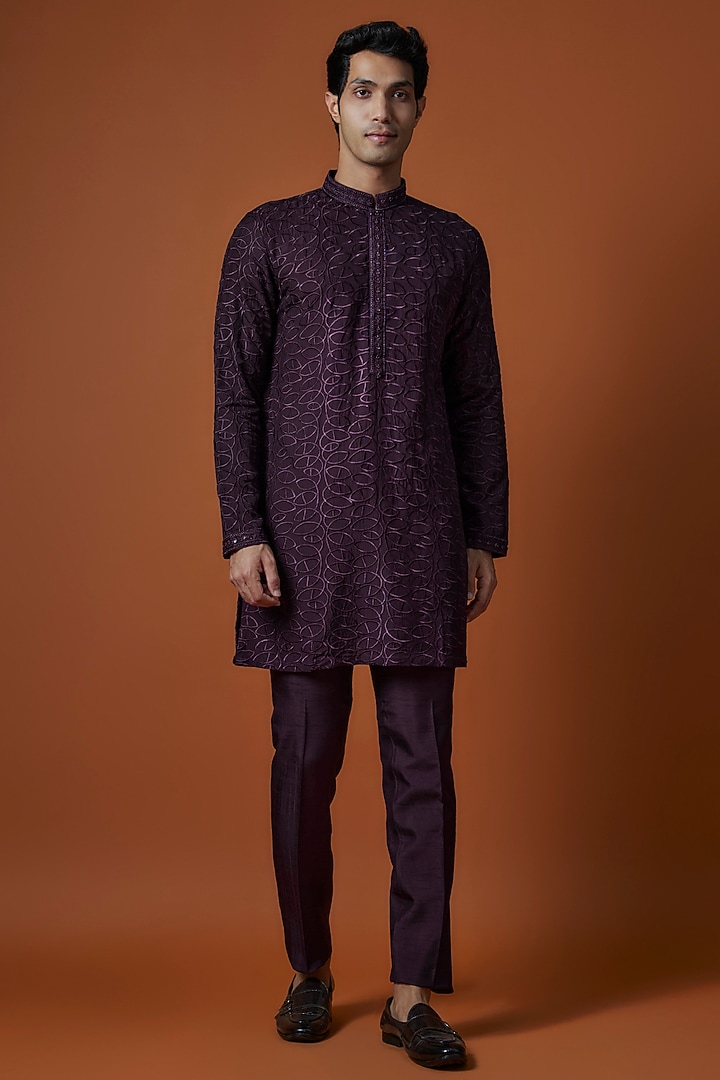 Wine Lucknowi Thread Work Open Wedding Indowestern Set by Nero by Shaifali & Satya at Pernia's Pop Up Shop