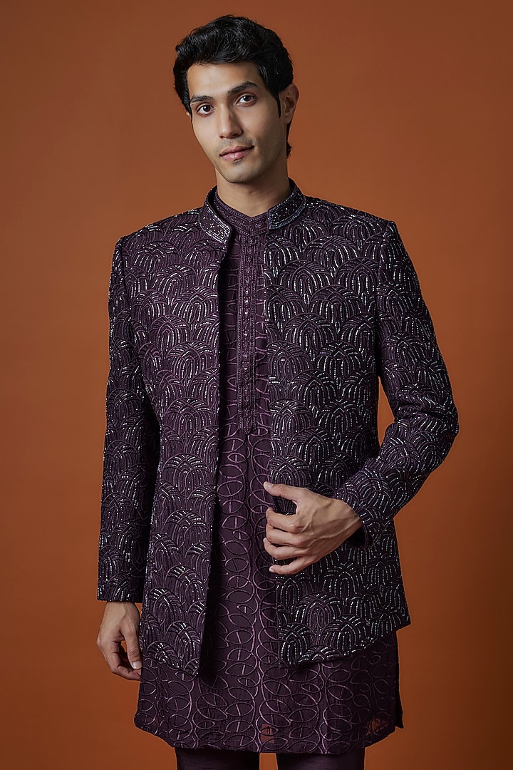Wine Lucknowi Thread Work Open Wedding Indowestern Set by Nero by Shaifali & Satya at Pernia's Pop Up Shop
