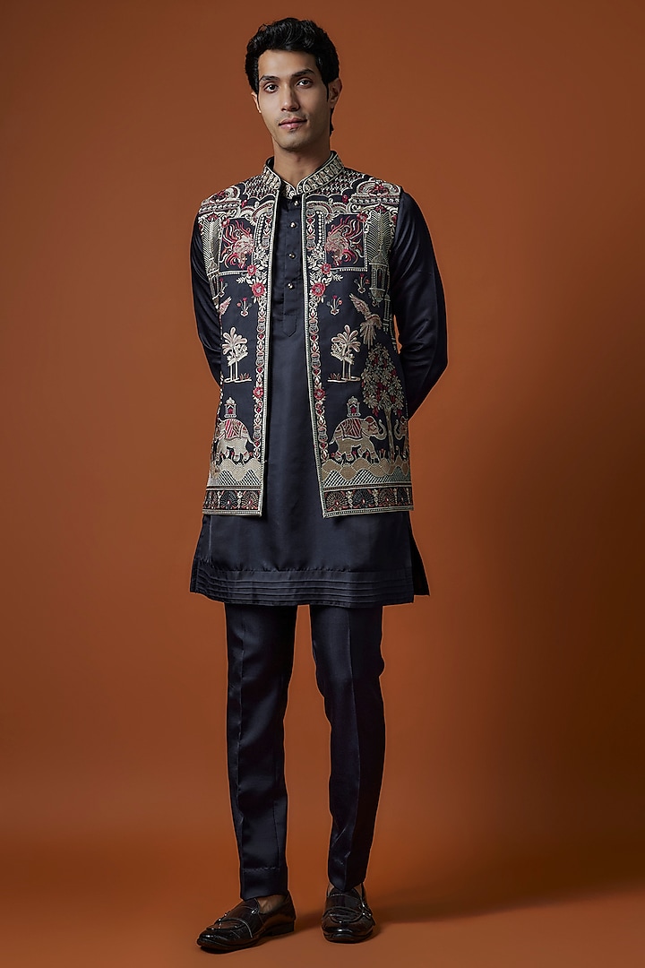 Blue Silk Threadwork Bundi Jacket Set by Nero by Shaifali & Satya