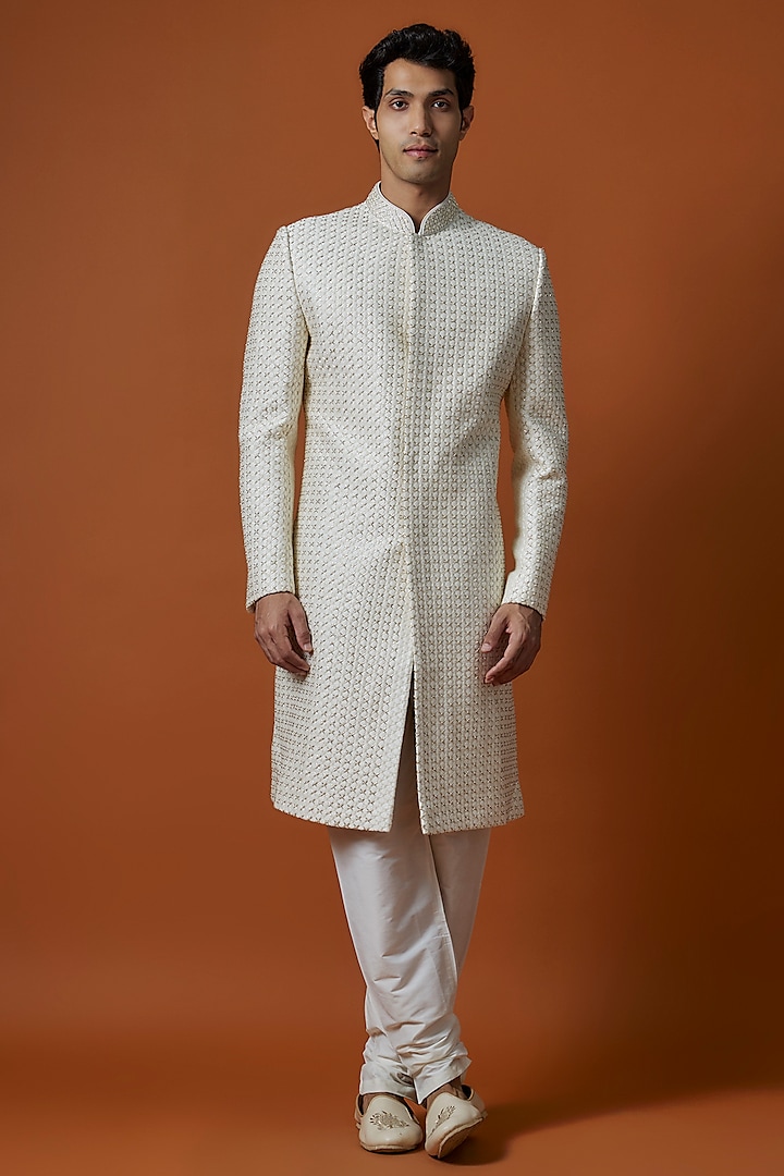 Ivory Lucknowi Handwork Groom Sherwani Set by Nero by Shaifali & Satya at Pernia's Pop Up Shop