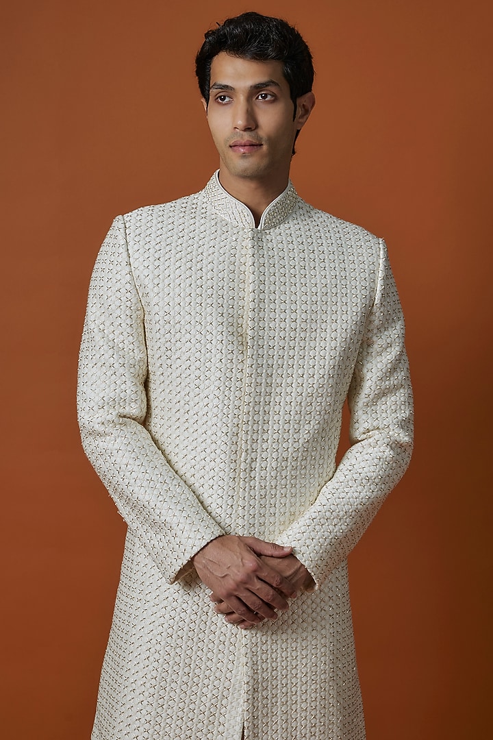 Ivory Lucknowi Handwork Groom Sherwani Set by Nero by Shaifali & Satya at Pernia's Pop Up Shop