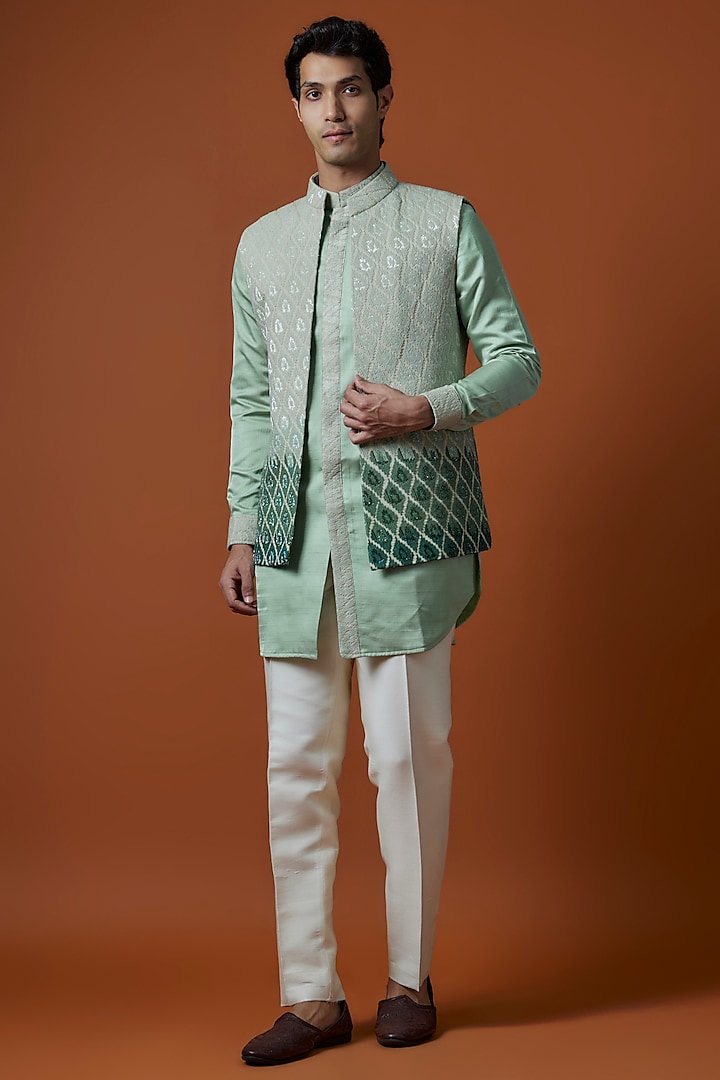 Green Ombre Lucknowi Handwork Bundi Jacket Set by Nero by Shaifali & Satya