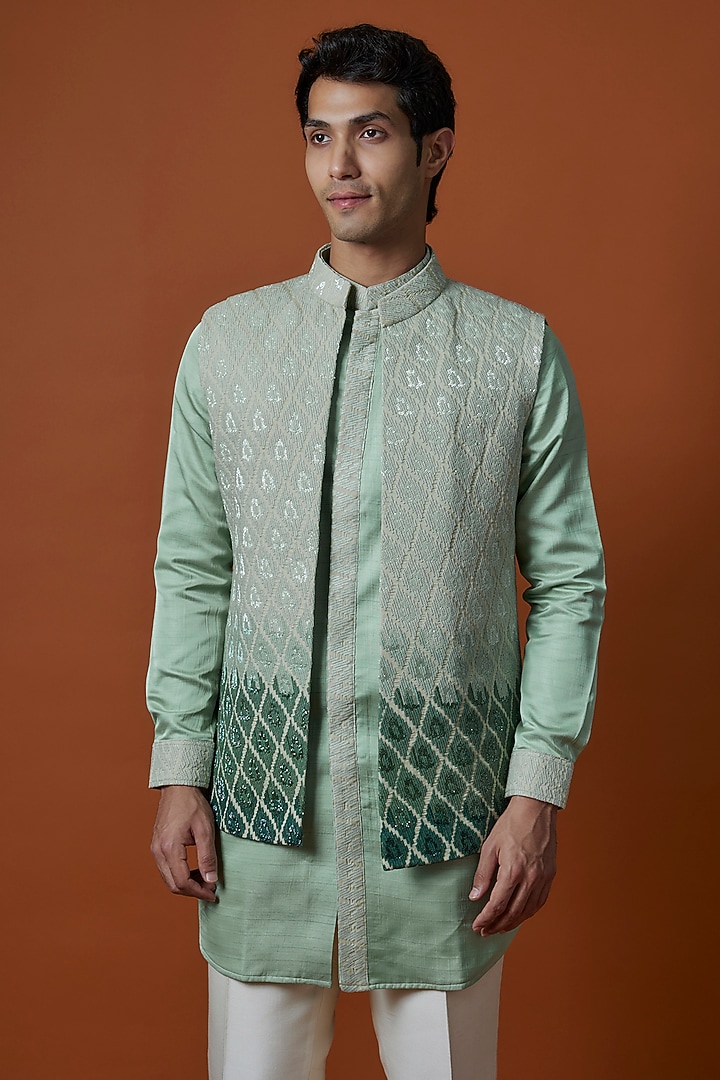 Green Ombre Lucknowi Handwork Bundi Jacket Set by Nero by Shaifali & Satya at Pernia's Pop Up Shop