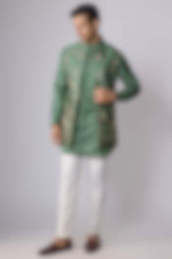 Green Silk Thread Work Open Bundi Jacket Set by Nero by Shaifali & Satya at Pernia's Pop Up Shop