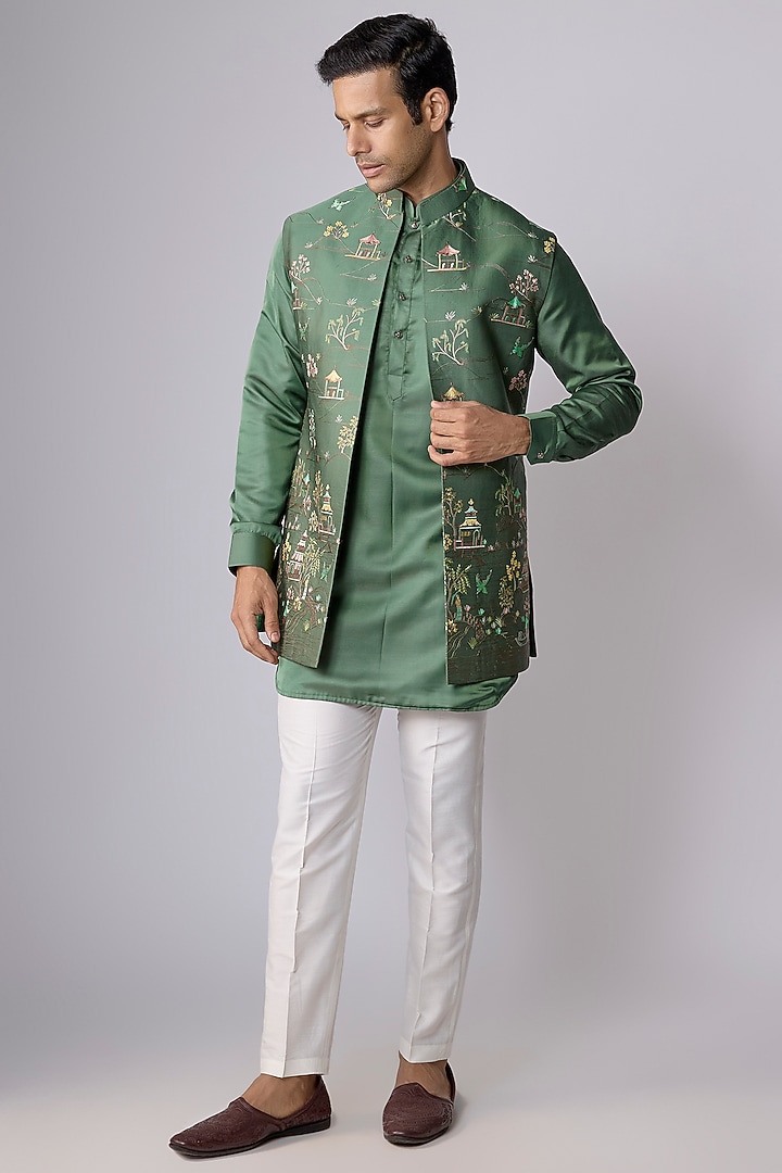 Green Silk Thread Work Open Bundi Jacket Set by Nero by Shaifali & Satya at Pernia's Pop Up Shop