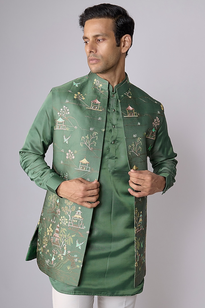 Green Silk Thread Work Open Bundi Jacket Set by Nero By Shaifali & Satya at Pernia's Pop Up Shop