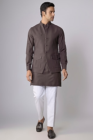 Wine Suiting Bundi Jacket Set by Nero By Shaifali & Satya