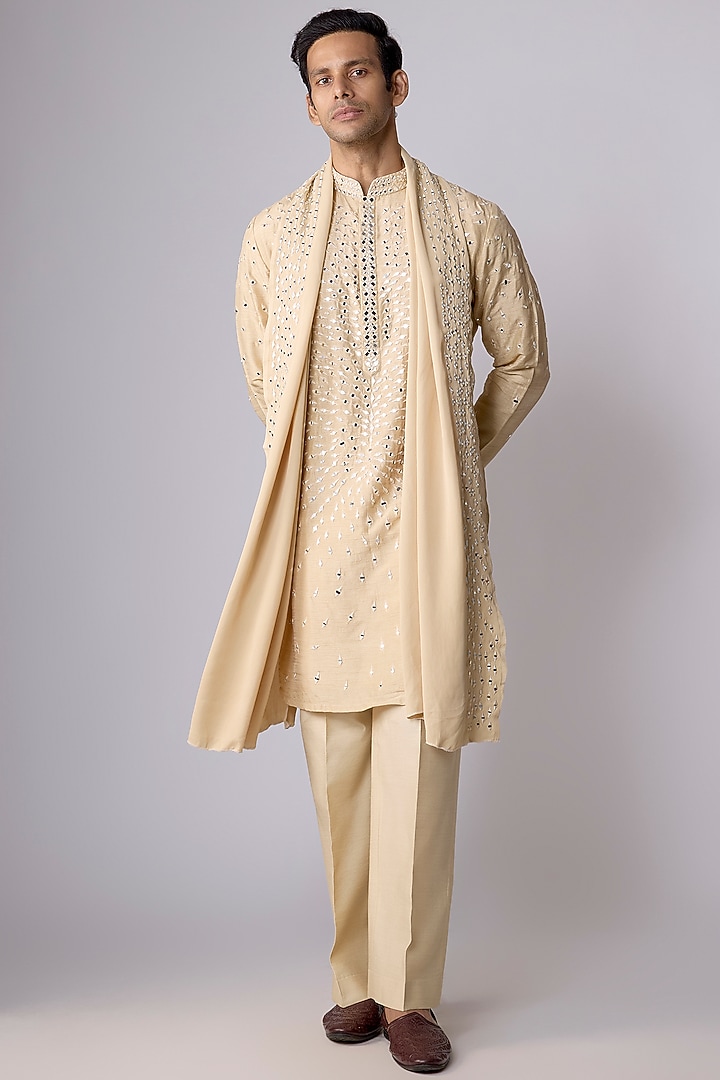 Beige Silk Mirror Work Kurta Set by Nero by Shaifali & Satya at Pernia's Pop Up Shop