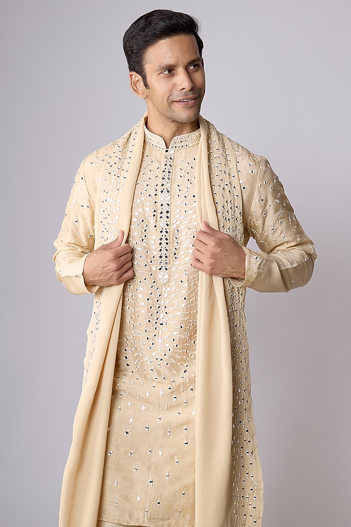 Beige Silk Mirror Work Kurta Set by Nero By Shaifali & Satya at Pernia's Pop Up Shop