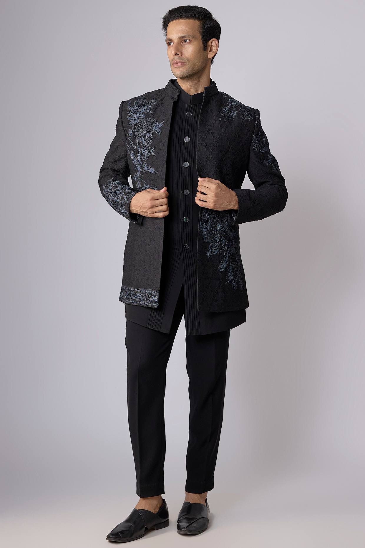 Nero By Shaifali & Satya Black Silk Hand & Machine Embroidered Open Jacket Set