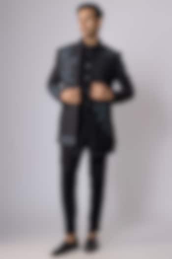 Black Silk Hand & Machine Embroidered Open Jacket Set by Nero by Shaifali & Satya at Pernia's Pop Up Shop