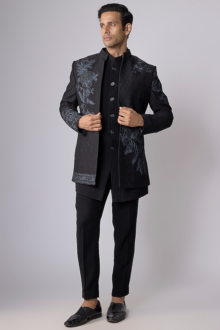 Black Silk Hand & Machine Embroidered Open Jacket Set by Nero by Shaifali & Satya at Pernia's Pop Up Shop