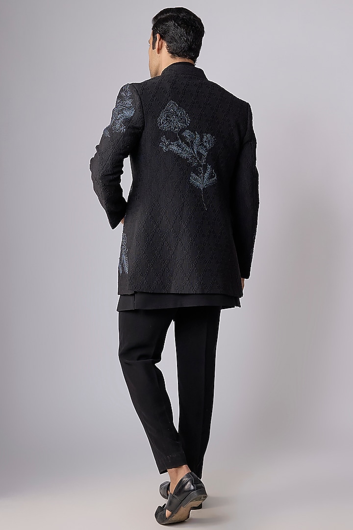 Black Silk Hand & Machine Embroidered Open Jacket Set by Nero By Shaifali & Satya at Pernia's Pop Up Shop