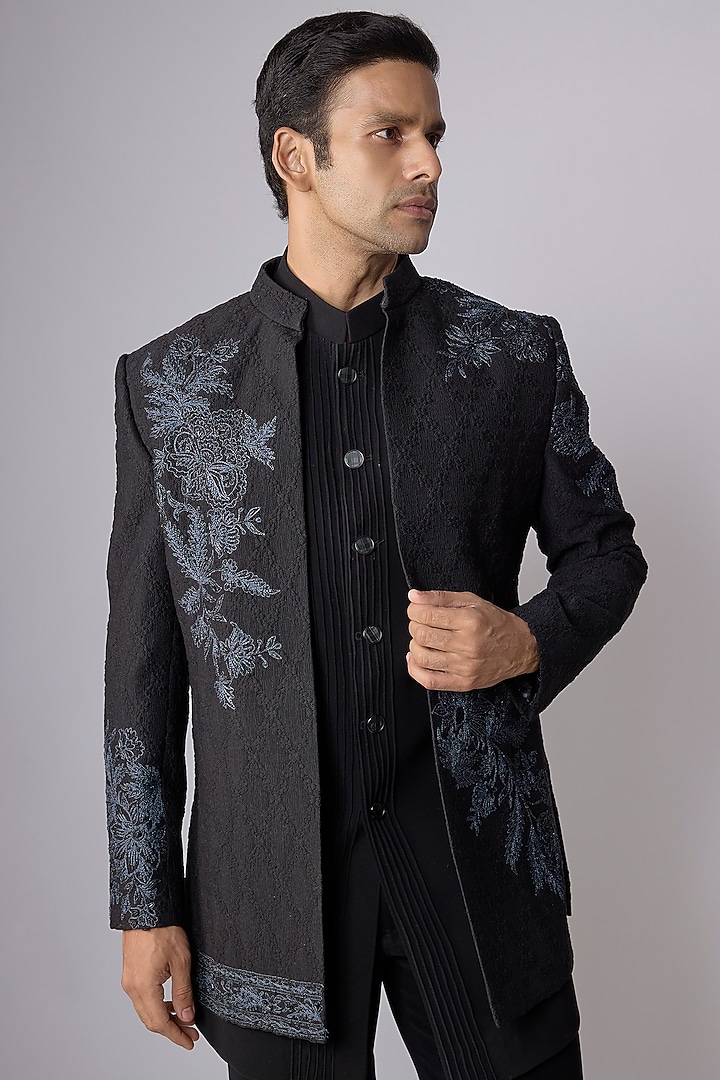 Black Silk Hand & Machine Embroidered Open Jacket Set by Nero By Shaifali & Satya at Pernia's Pop Up Shop